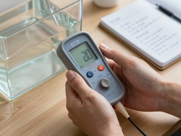 Hands holding a clean digital EC meter in a clear water reservoir, a notebook with handwritten nutrient schedules on a wooden desk nearby, soft lighting