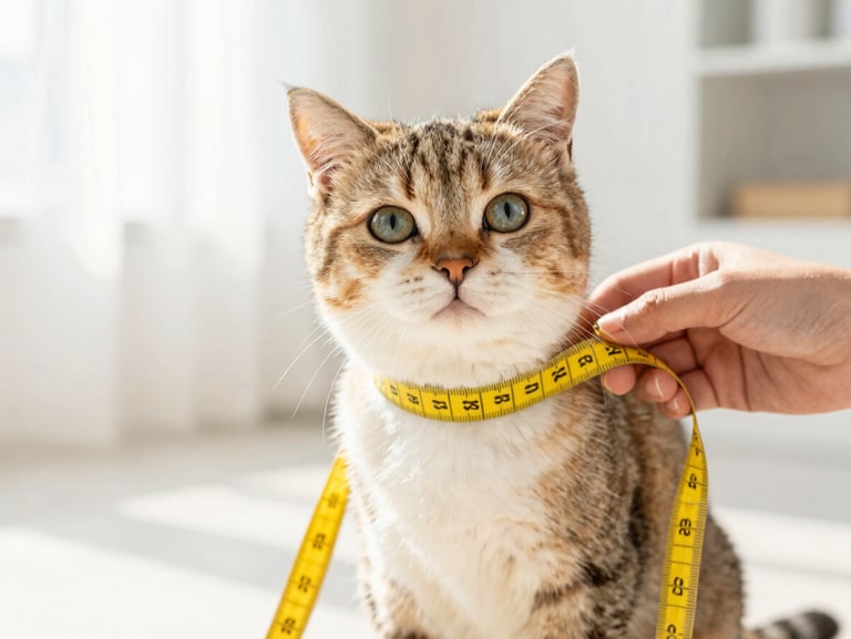 An illustration style photo of a calm happy cat being measured gently with a soft yellow tape measure around its chest, bright high-key lighting, clean background, warm natural daylight, shallow depth of field, 35mm