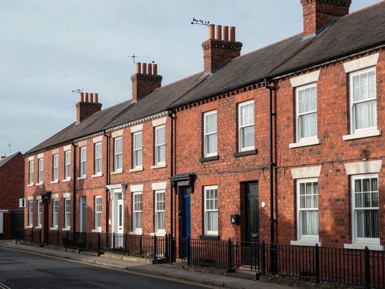 A realistic streetscape of traditional red-brick terraced houses in Widnes under soft, natural North West daylight, showing honest local architecture.