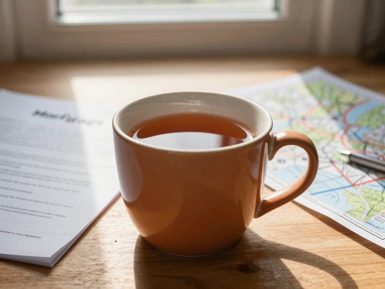 Close-up of a warm ceramic mug of tea resting on a wooden desk next to mortgage paperwork and a physical map of Cheshire, soft morning window light.