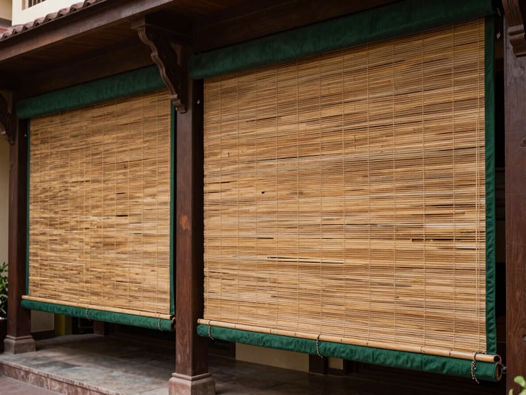 An elegant hotel courtyard verandah in Lucknow featuring large-scale, heavy-duty bamboo blinds with dark green fabric borders.