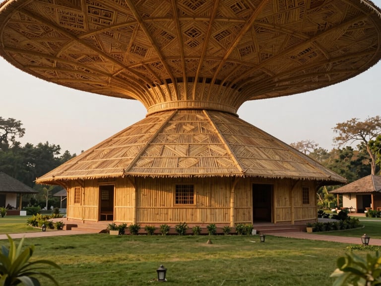 An exquisite, large-scale bamboo hut in a lush resort lawn in Lucknow, warm golden hour lighting, intricate geometric weaving on the ceiling panels.