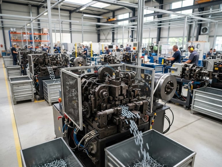 Wide-angle view of a clean, organized industrial factory floor with high-speed cold-heading machines in active production, natural daylight