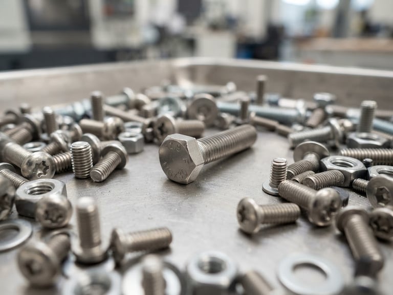 Macro shot of cold-forged steel screws and fasteners on a clean inspection tray under bright factory daylight, metallic steel tones