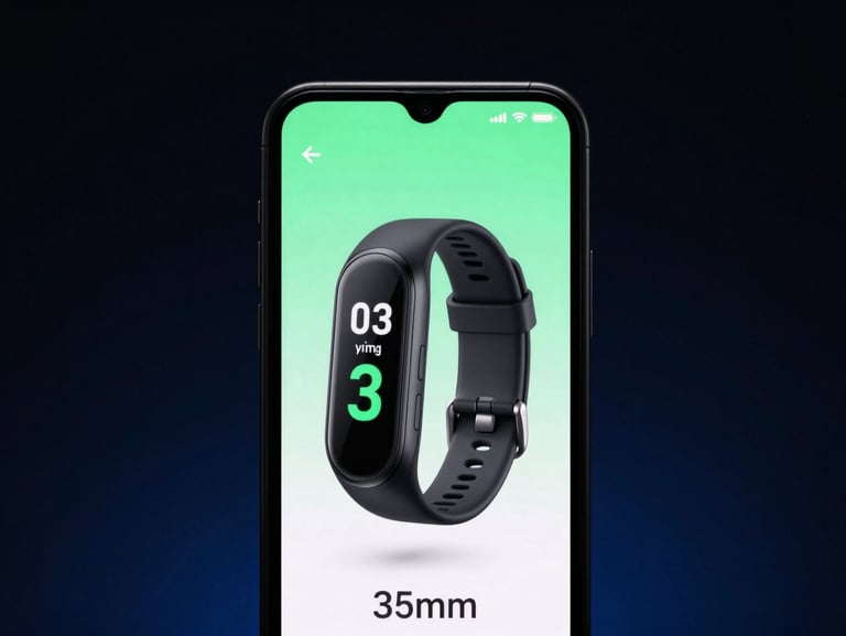 Sleek tech photography, cool studio lighting, dark background with subtle blue accents, crisp macro device mockup of a health tracking app on an Android screen, 35mm