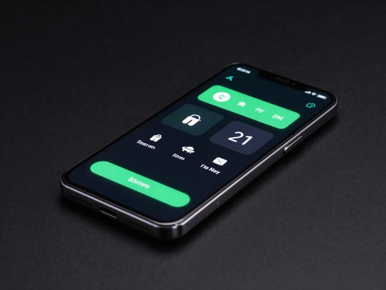 Sleek tech photography, cool studio lighting, dark background, crisp macro device mockup of a smart home control app on an Android phone, 35mm
