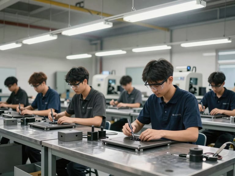 Wide shot of a clean vocational workshop interior, students in safety glasses working at metal fabrication benches under bright fluorescent lighting, machinery visible in background, no posed smiling