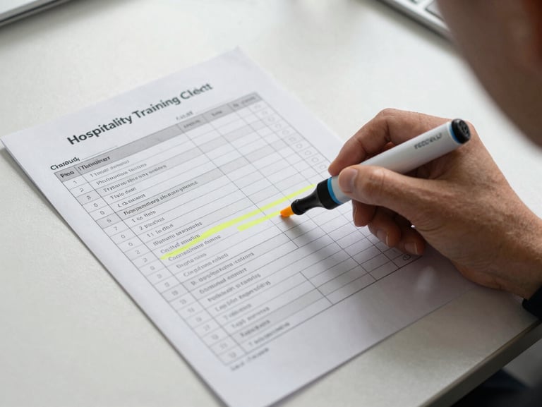 Overhead view of a hospitality training checklist and printed program schedule spread on a table, a highlighter marking a line item, plain office surface, even daylight, no people visible