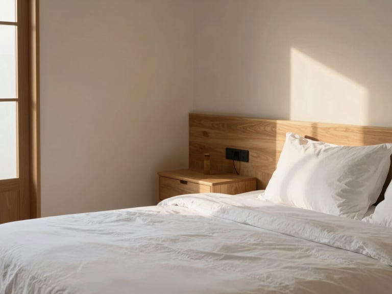 Serene guesthouse bedroom with crisp white linen, soft morning light, minimalist Japanese oak furniture, warm tones