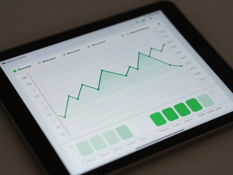 Close-up of a high-tech biomarker dashboard on a tablet screen, showing clean line graphs of metabolic metrics and green status indicators