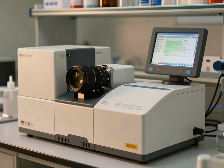 A clean laboratory environment with warm lighting, focusing on a clinical analyzer and a digital display showing biomarker data