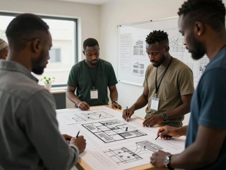 Photographie en plan moyen d'un atelier de formation à Conakry, des professionnels guinéens collaborant autour d'un tableau blanc avec des schémas d'architecture réseau, lumière naturelle du jour.