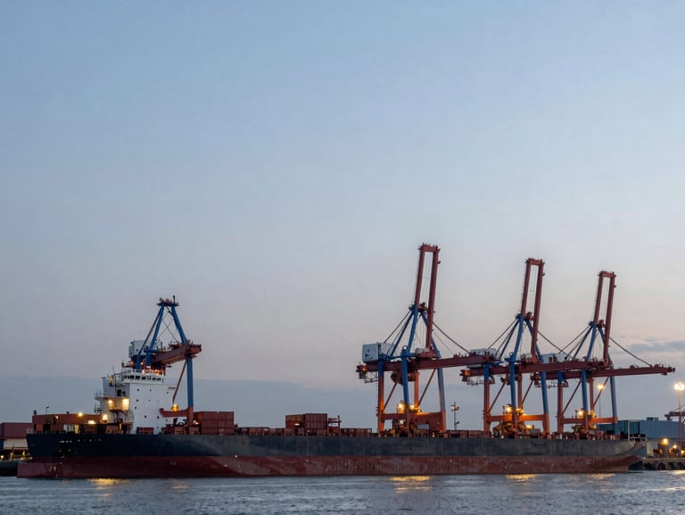 Wide environmental shot of a modern shipping yard at dusk, cool industrial tones with warm focal points, expansive sky.