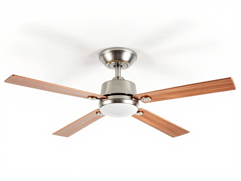 Bright high-key product photography of a modern high-speed ceiling fan with metallic copper accents, crisp white background