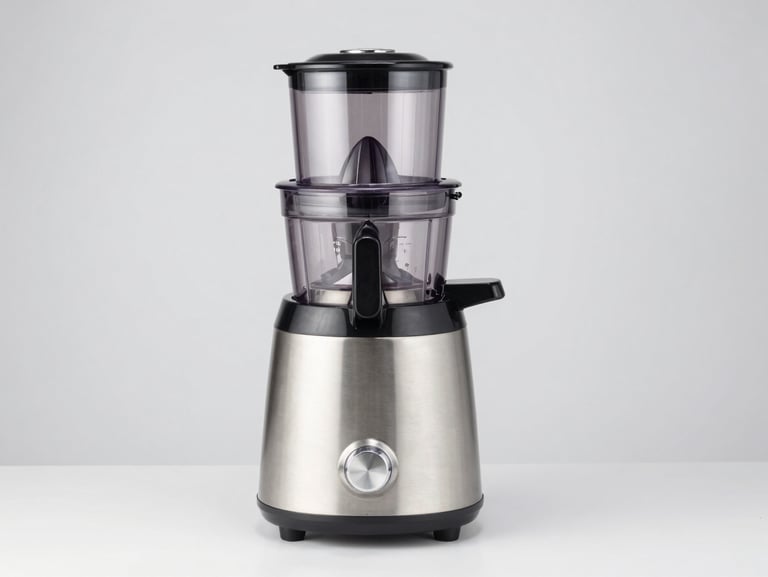 Bright high-key studio product shot of a premium juicer mixer grinder with heavy stainless steel jars on a clean light gray background, sharp focus