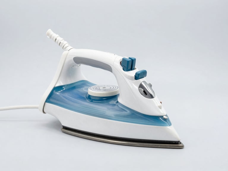 Bright high-key studio shot of a heavy-soleplate electric iron with mechanical temperature control knob on a clean light gray background, sharp focus