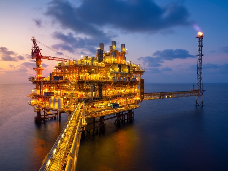 Offshore oil rig platform with flares burning brightly against a dramatic twilight sky, showcasing petroleum industry