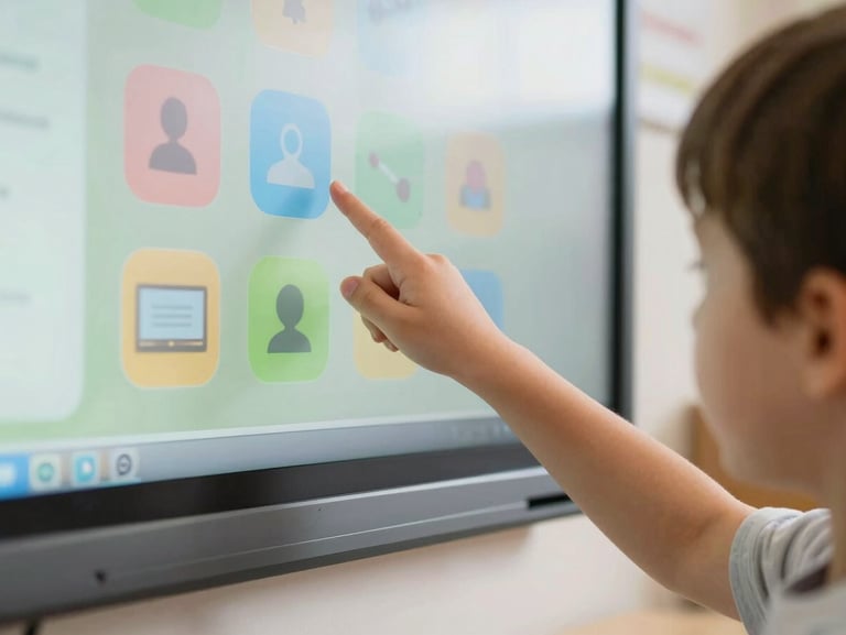 Close-up of a young child's hand pointing at a colorful interactive smartboard, bright modern classroom setting, natural morning light.