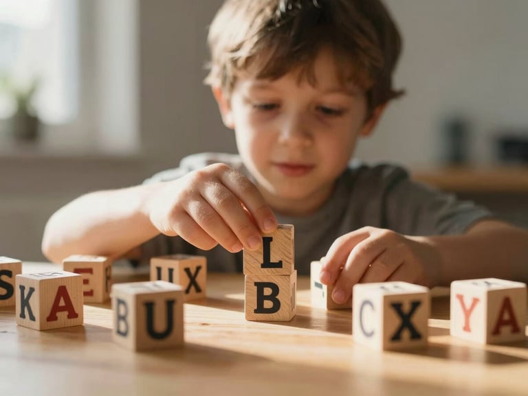 Eye-level medium shot of a child placing wooden alphabet blocks on a sunlit table, warm natural light, shallow depth of field.