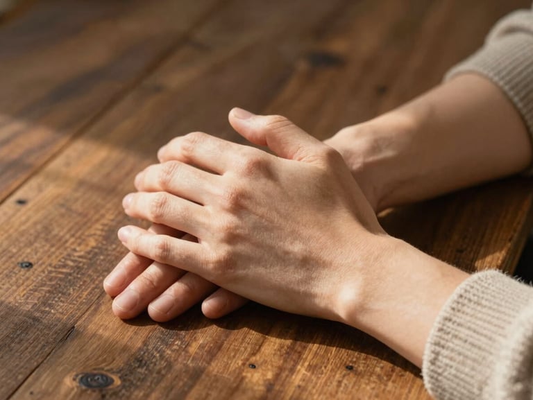 A close-up of two hands resting together on a rustic wooden table, warm sunlight catching the textures of a knitted sleeve, quiet and supportive atmosphere.