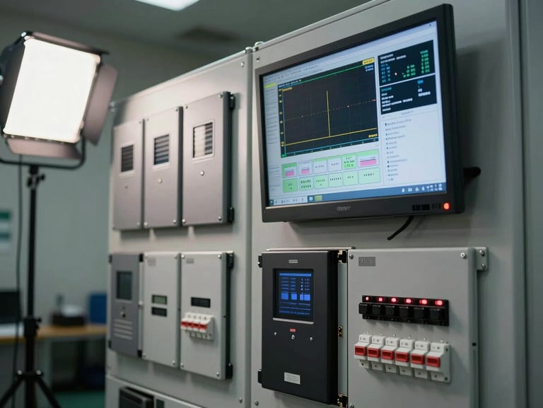 Interior shot of a monitoring station inside a facility equipment room — wall-mounted display showing system performance data, rows of inverters and disconnect switches visible, studio strobe lighting, no people, focus on hardware and instrumentation