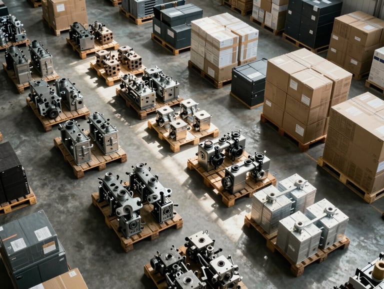 Overhead shot of a warehouse floor with organized industrial goods on pallets—metal components, boxed equipment—bathed in natural warehouse lighting, showing scale and systematic inventory management.
