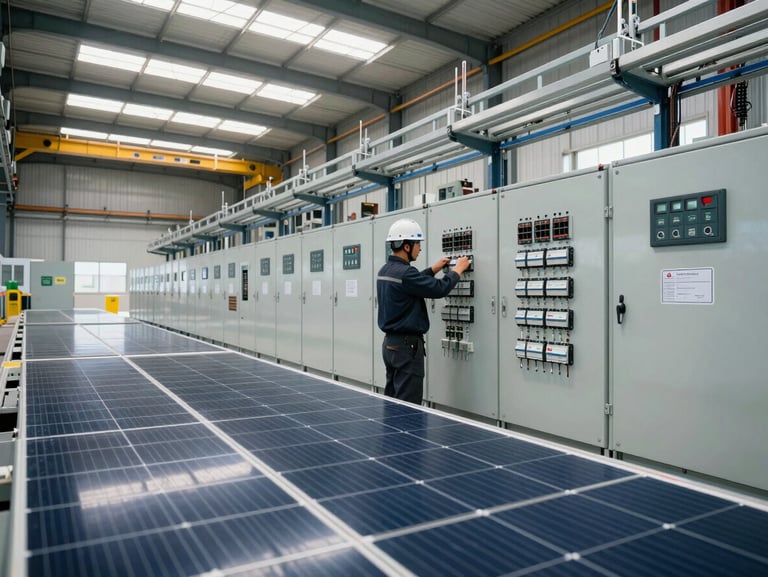 Wide-angle interior of a large industrial facility electrical room during active solar integration work, technician in hard hat adjusting switchgear panel in the midground, cable trays and labeled distribution boards visible, overcast daylight through skylights