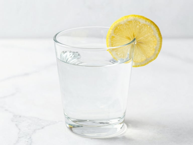 Bright high-key photography, soft natural daylight, a clear glass of pure water with a lemon slice on a white marble background, crisp details.