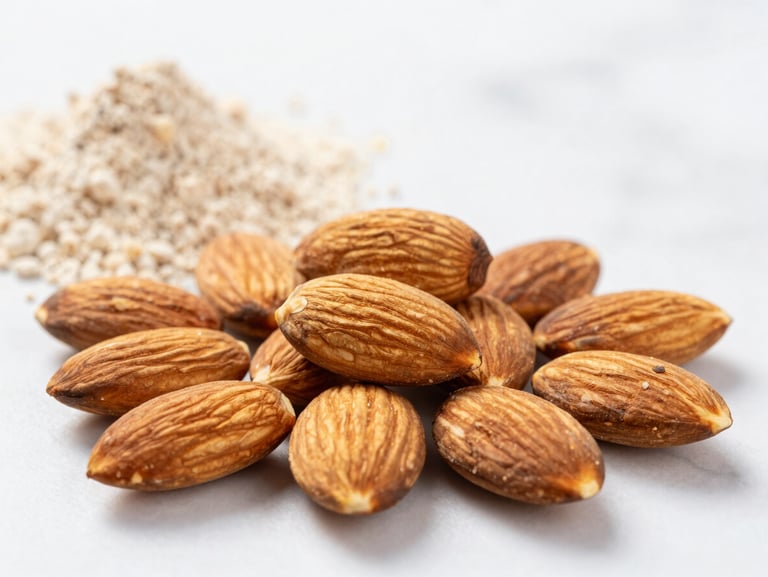 Bright high-key food photography, close-up of raw almonds and clean protein sources on a white marble background, crisp details.