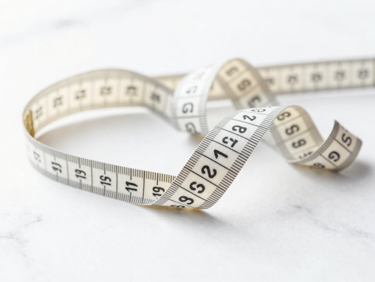 Bright high-key clinical photography, soft natural daylight, a clean steel measuring tape resting on a white marble surface, crisp details.