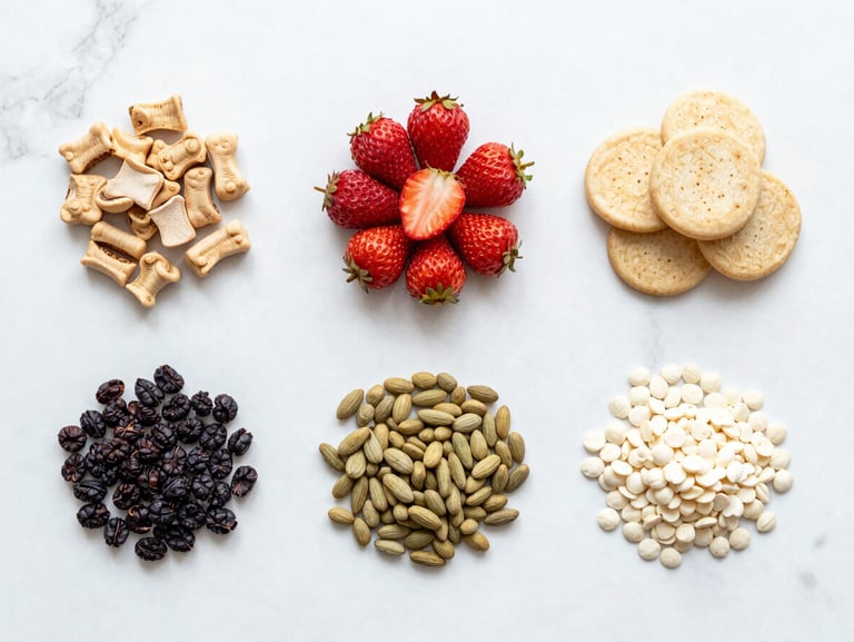 Bright high-key food photography, soft natural daylight, a structured flat-lay of energy-dense whole foods on a white marble background.