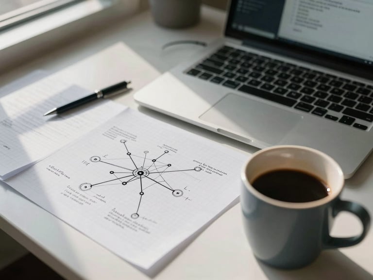 Overhead close-up of a cluttered IT planning desk — handwritten network diagrams on graph paper, a half-drunk coffee mug, a laptop showing a terminal window, natural window light casting soft shadows across the scene