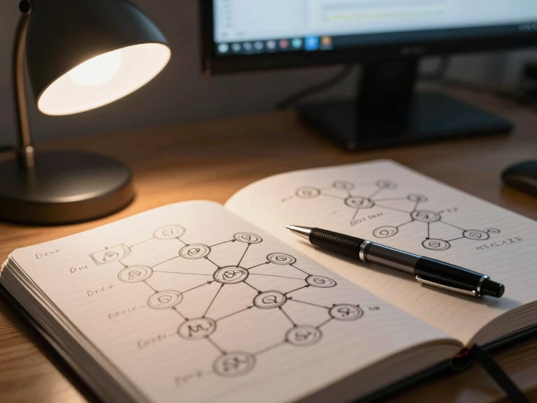 Close-up of a notebook open to a hand-drawn network topology diagram, a pen resting across the page, a warm desk lamp illuminating the sketch from the left, a blurred second monitor visible in the background