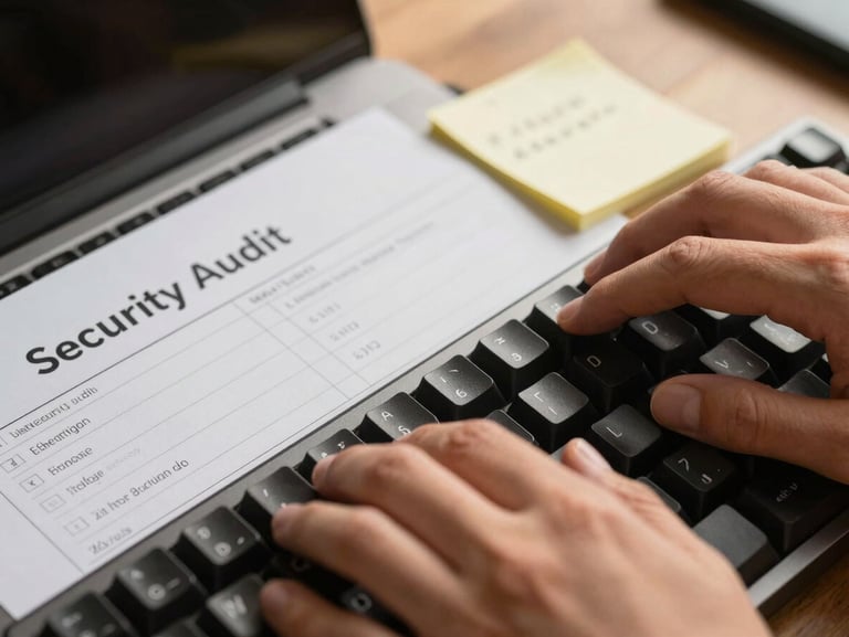 Extreme close-up of hands at a mechanical keyboard, a security audit checklist beside the laptop under warm golden window light, a sticky note with handwritten IP ranges just visible at the edge of the frame