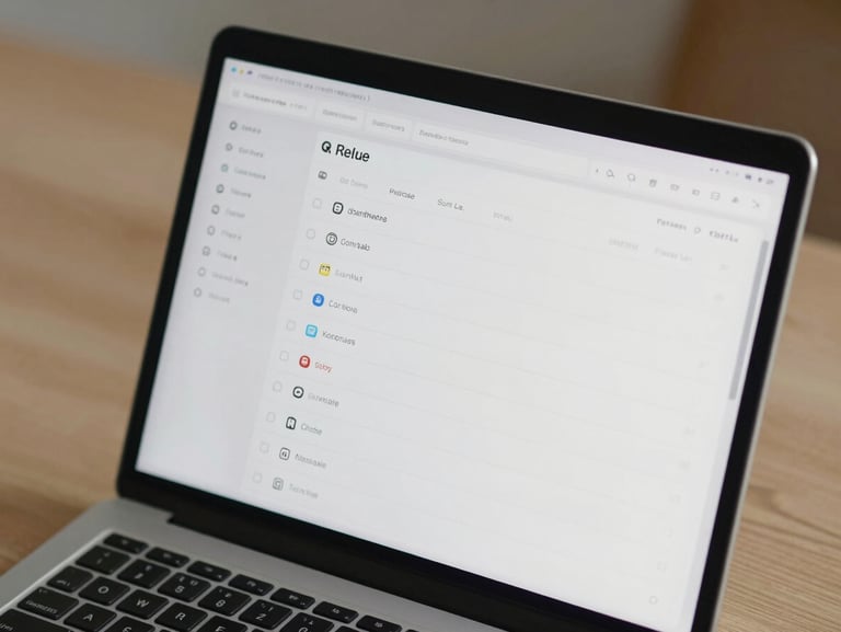 A close-up of a minimalist software dashboard on a laptop screen, displaying clean typography and structured data lists, set on a light oak desk.