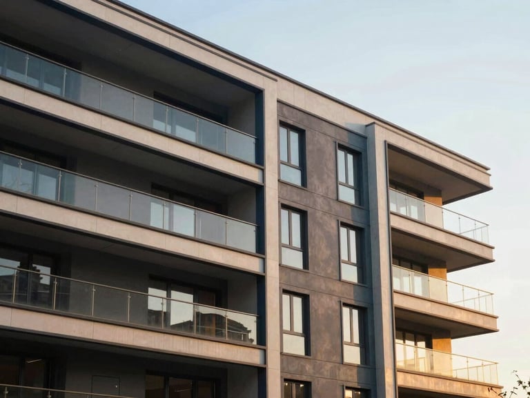 Elegant medium-wide architectural shot of a modern residential building facade under warm golden-hour daylight, clean lines, deep navy shadows, 35mm photography.