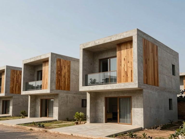 Heroic architectural shot of eco-friendly modern villas in Senegal, minimalist concrete and wood facade, bright natural daylight, clear sky.