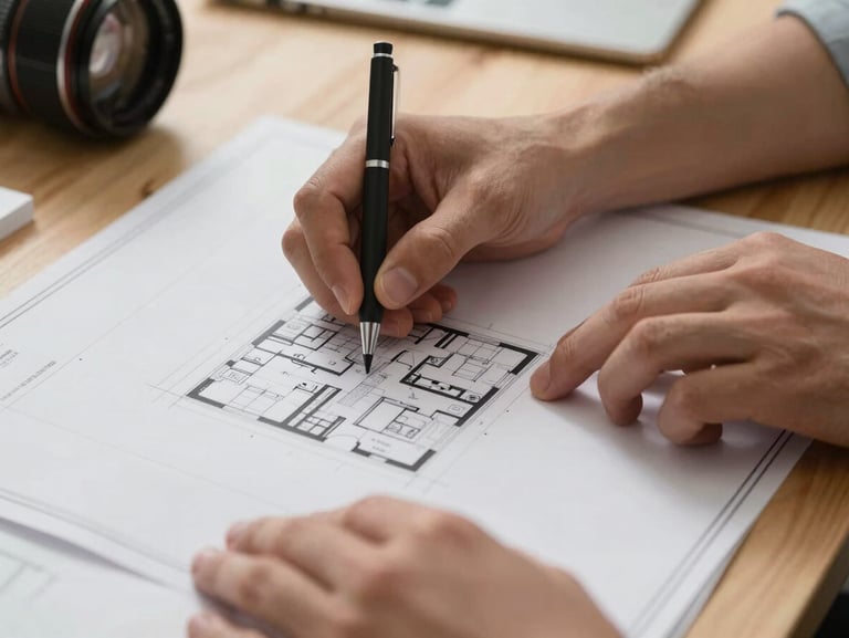 Macro shot of hands reviewing official architectural blueprints on a light oak table, warm side lighting, professional atmosphere.