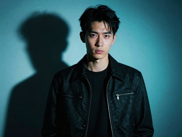 A model shot under dramatic studio lighting with cyan shadows, high contrast, cinematic editorial style.