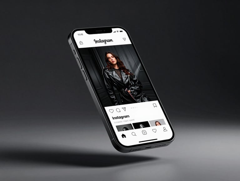 A high-fidelity smartphone mockup floating in mid-air, displaying an Instagram feed of a luxury brand with dramatic high-contrast photography.