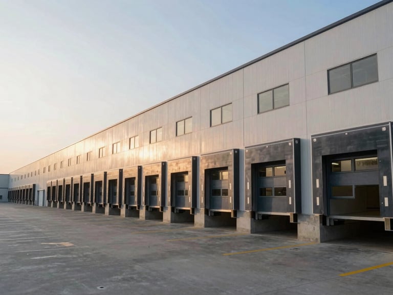 Wide angle view of a clean, modern commercial warehouse loading dock at dawn, soft morning light hitting the concrete bays, empty of people, highly structured.