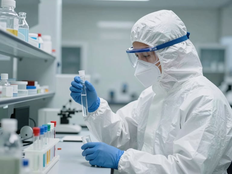 Professional engineer in proper PPE inspecting water samples in a bright clinical laboratory, daylight-balanced.