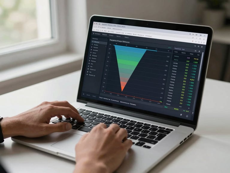 Hands scrolling through a campaign performance report on a laptop screen, conversion funnel data visible, clean daylight from a window to the left, minimal desk surface, sharp focus on the screen metrics