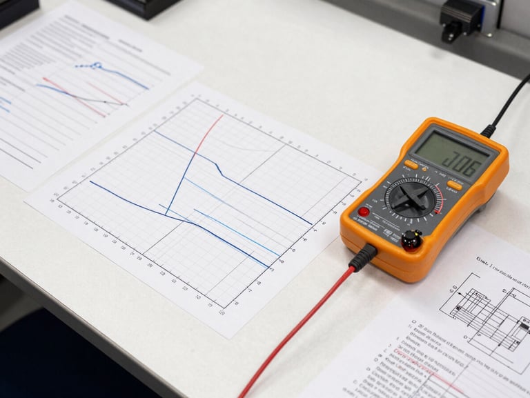 Overhead documentation-style framing of a test bench with printed performance graphs, a digital multimeter, and annotated schematics arranged flat on a white surface under bright even studio lighting, engineering notes handwritten in margins, no people visible