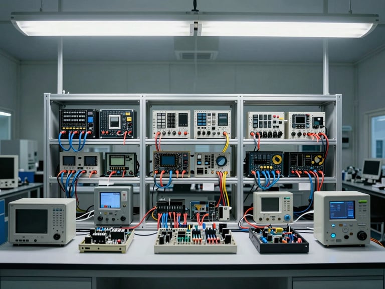 Wide overhead view of a structured test bench inside a temperature-controlled industrial lab, multiple hardware modules mounted in a rack under bright even fluorescent lighting, measurement instruments and cable bundles arranged methodically, no people visible, clinical documentation framing