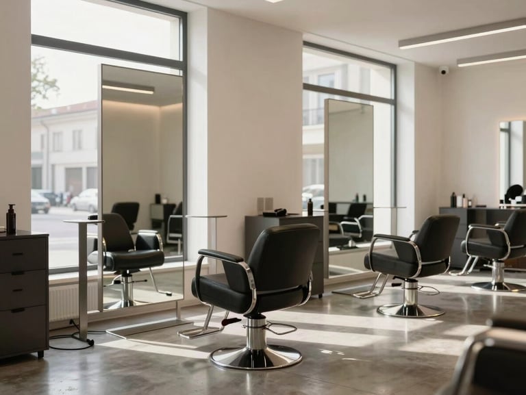 Interior of a modern, minimalist Berlin hair salon, clean lines, concrete floor, warm natural light streaming through a large window, no people.