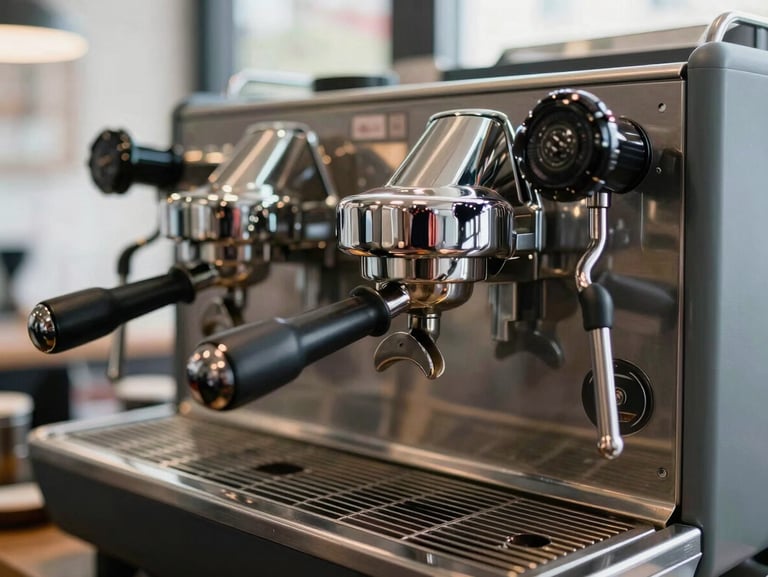Close-up of a clean espresso machine in a modern Berlin café, bright natural daylight, focusing on craftsmanship