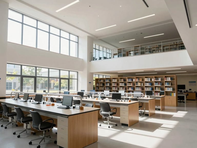 Wide architectural shot of the modern school library and scientific labs, bright natural daylight streaming through windows, clean institutional design