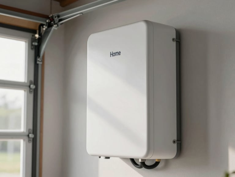 Home battery storage unit mounted on a garage interior wall, clean white casing, cables neatly routed, soft interior daylight from a nearby window, no people
