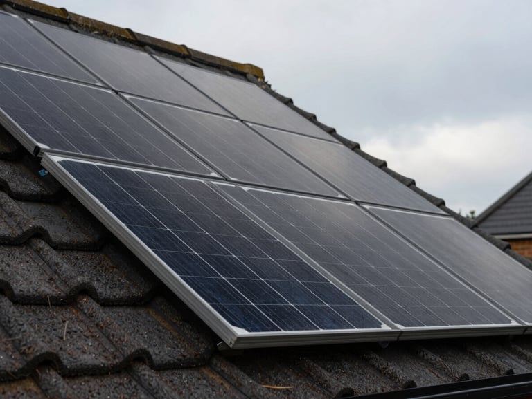 Close-up of black monocrystalline solar panels on a UK terrace roofline, morning diffused light, panel surface detail visible, roof tiles framing the edge, no people